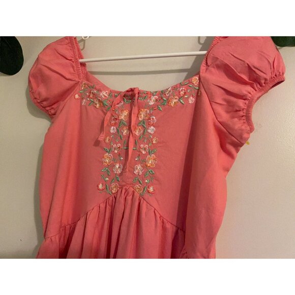 Blueberi Boulevard Coral Pink Midi Dress Puff Sleeve Embroidered Floral Cottagec - Picture 10 of 13